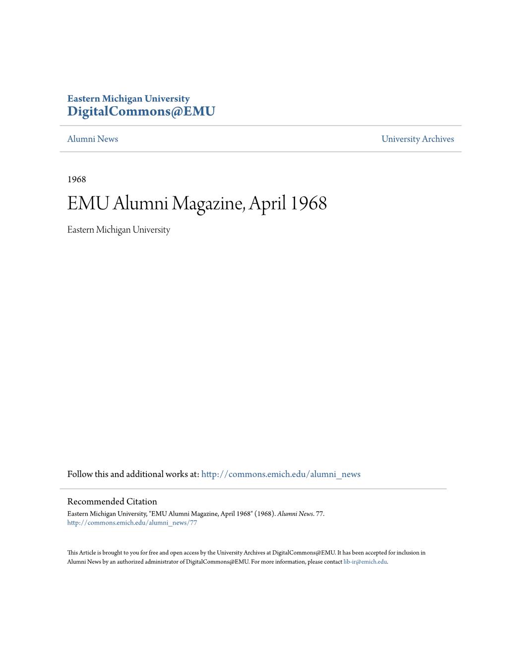EMU Alumni Magazine, April 1968 Eastern Michigan University