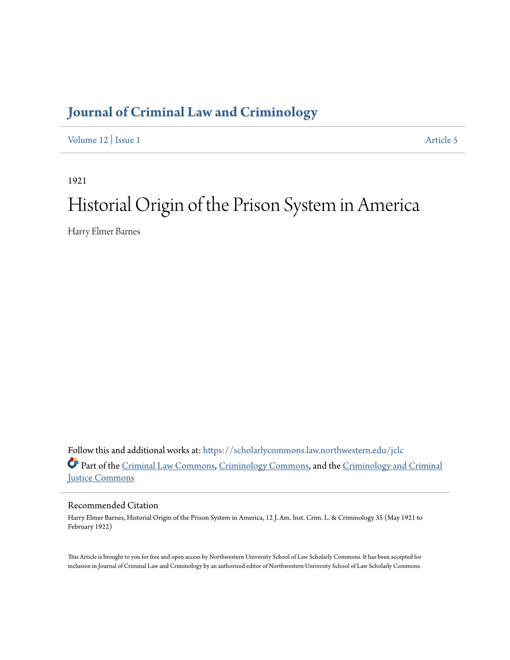 Historial Origin of the Prison System in America Harry Elmer Barnes