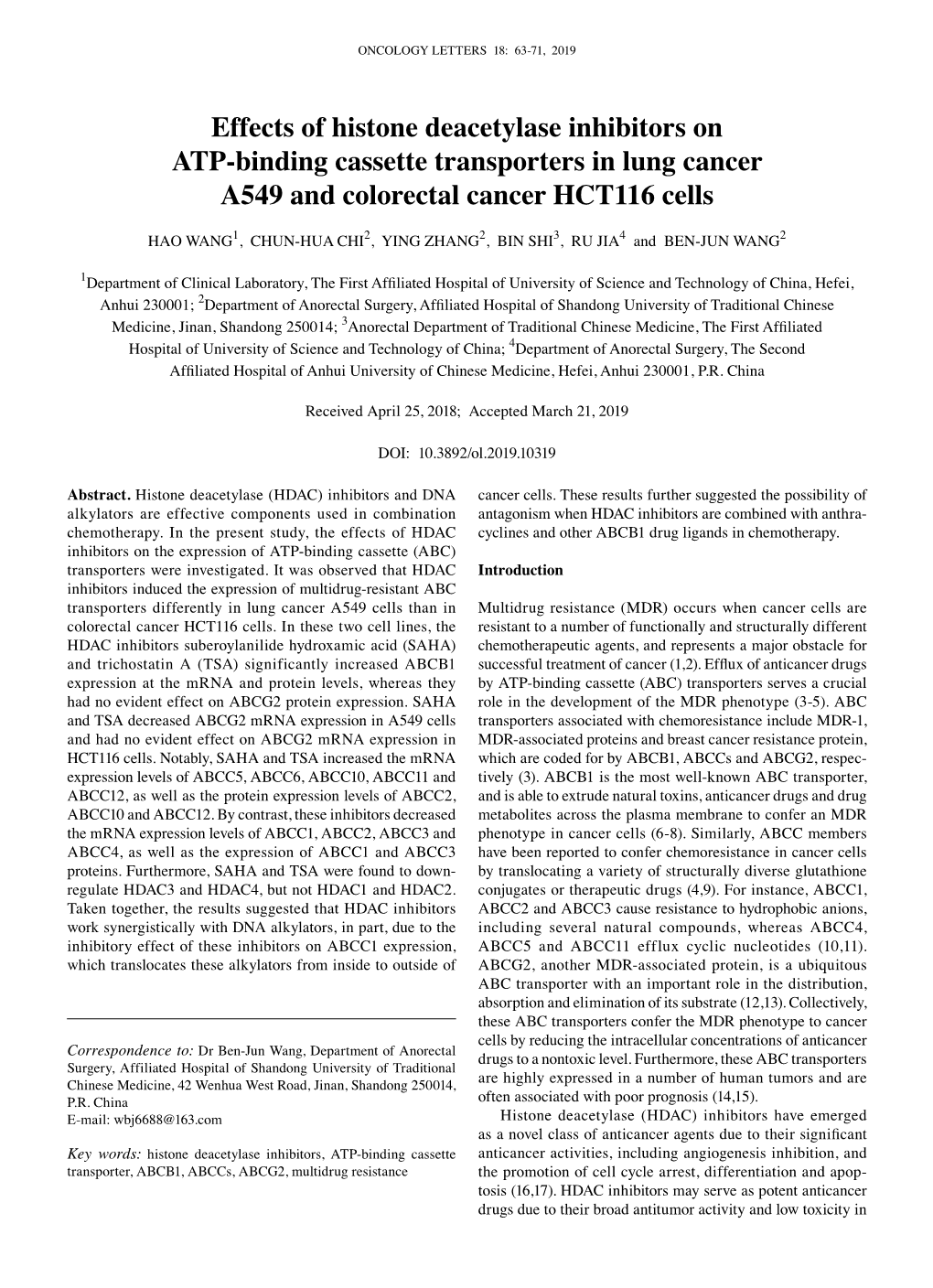 Effects of Histone Deacetylase Inhibitors on ATP‑Binding Cassette Transporters in Lung Cancer A549 and Colorectal Cancer HCT116 Cells