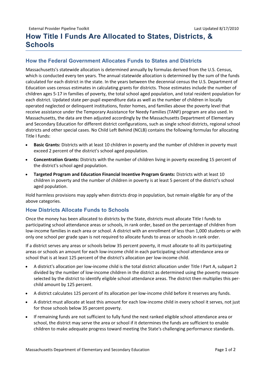 How Title I Funds Are Allocated to States, Districts, & Schools