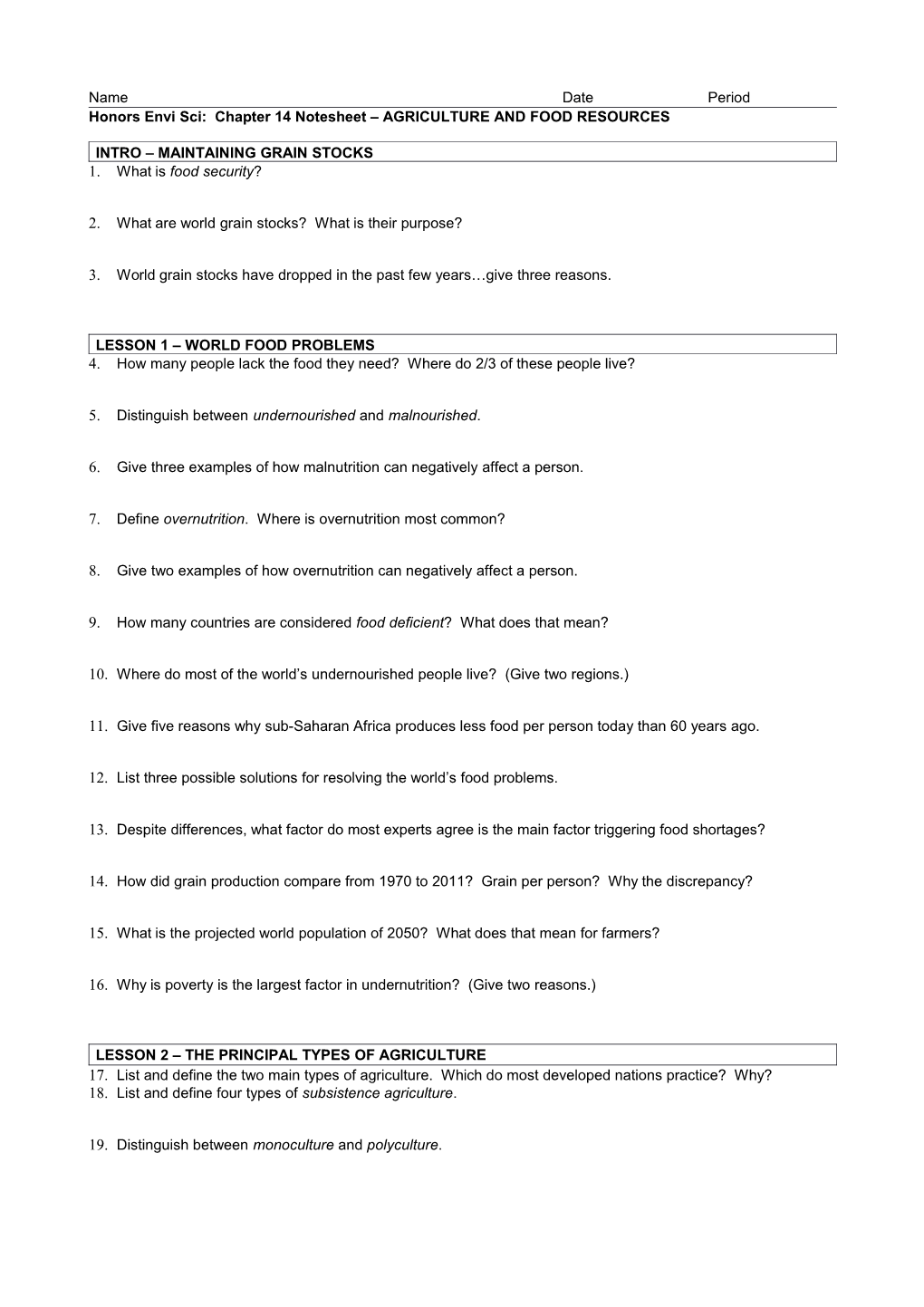 Honors Envi Sci: Chapter 14 Notesheet AGRICULTURE and FOOD RESOURCES