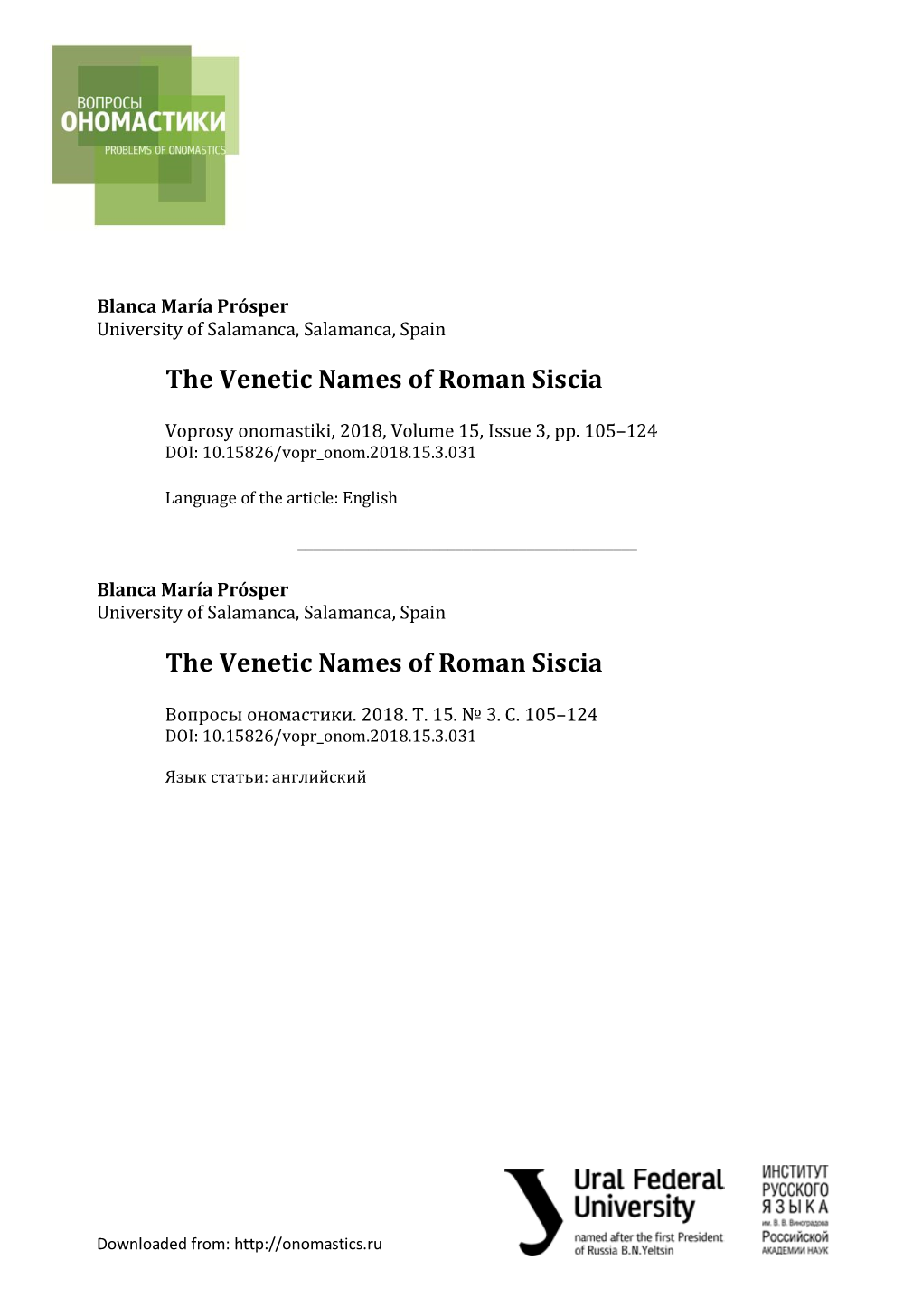 The Venetic Names of Roman Siscia the Venetic