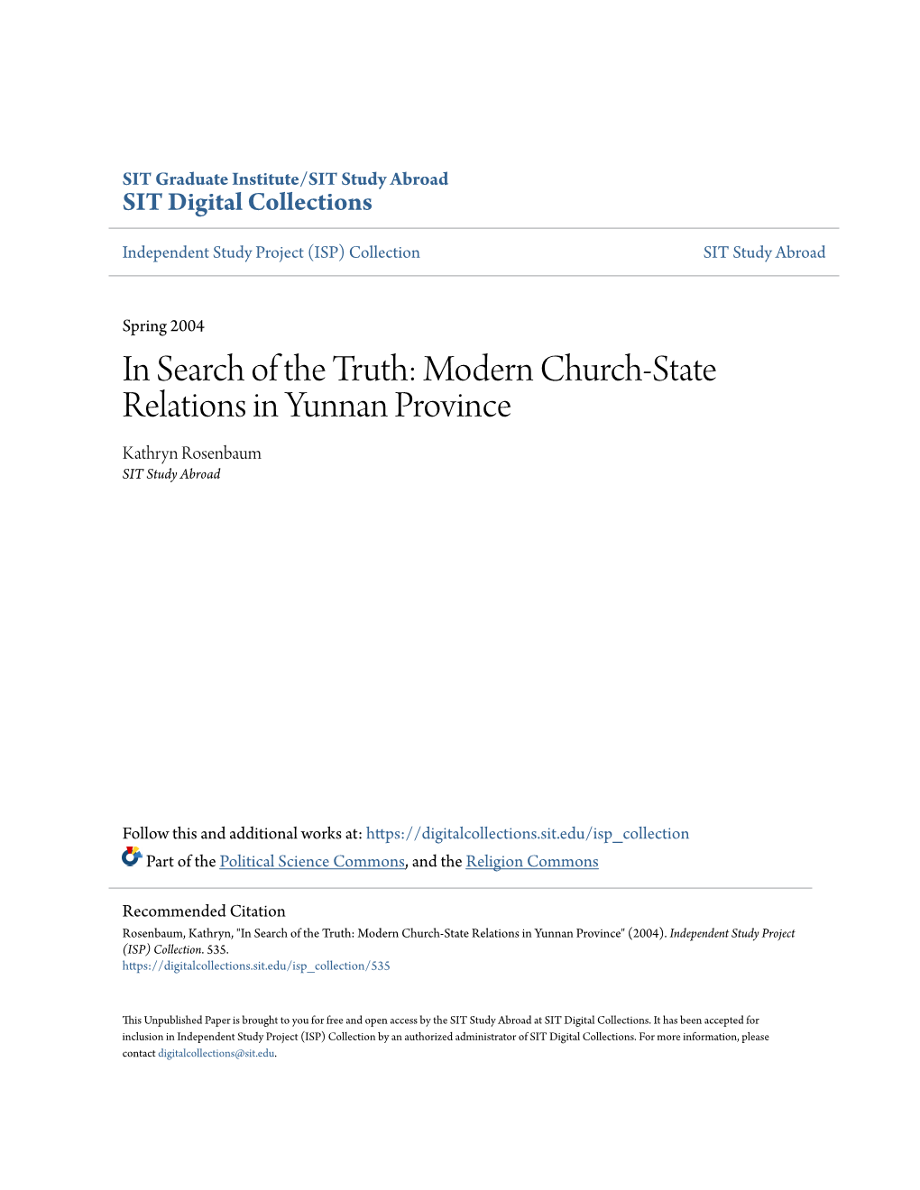 Modern Church-State Relations in Yunnan Province Kathryn Rosenbaum SIT Study Abroad