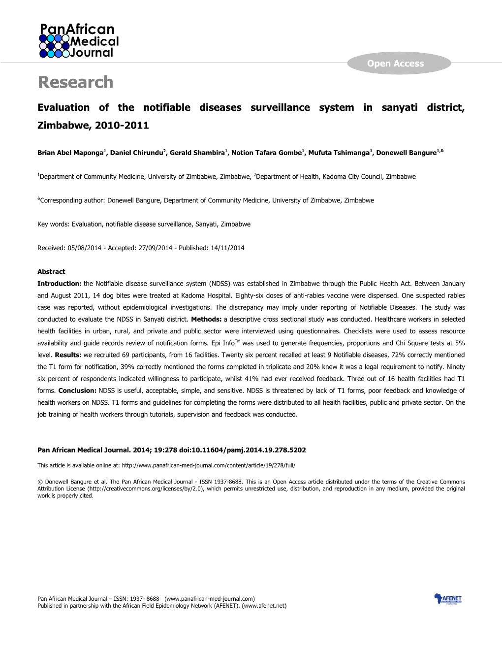 Research Evaluation of the Notifiable Diseases Surveillance System in Sanyati District, Zimbabwe, 2010-2011