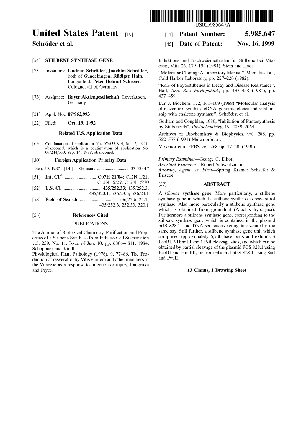 United States Patent (19) 11 Patent Number: 5,985,647 Schröder Et Al