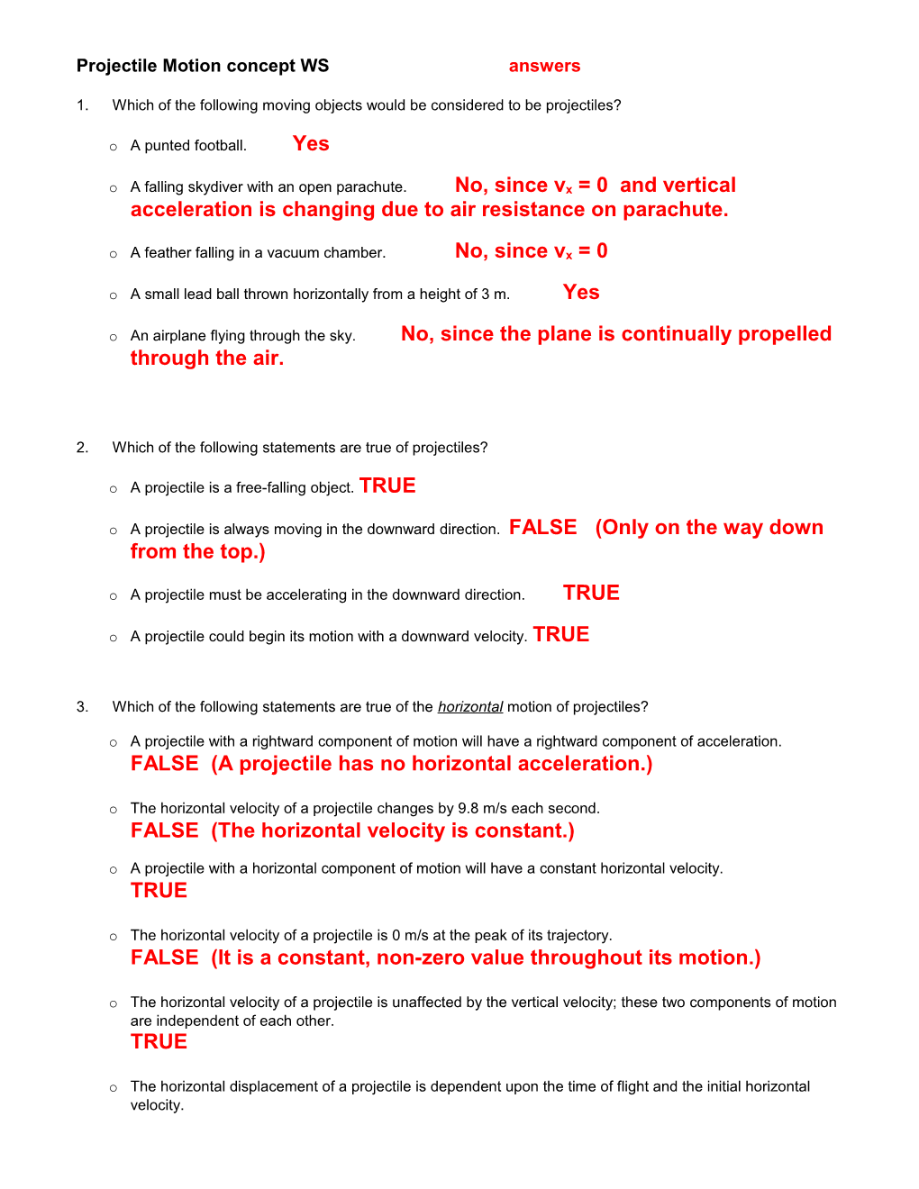 Projectile Motion Concept WS (Honors)