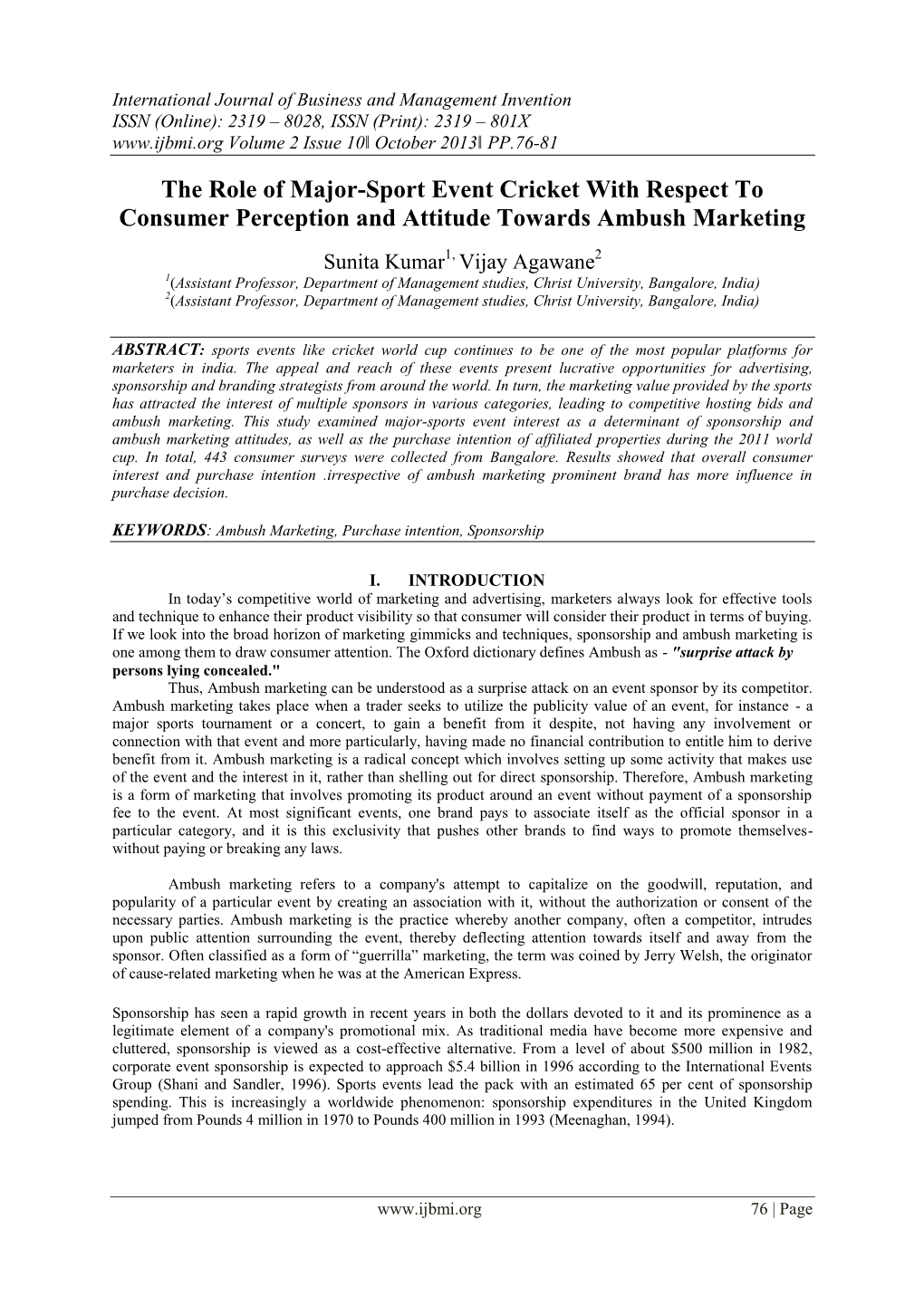 The Role of Major-Sport Event Cricket with Respect to Consumer Perception and Attitude Towards Ambush Marketing
