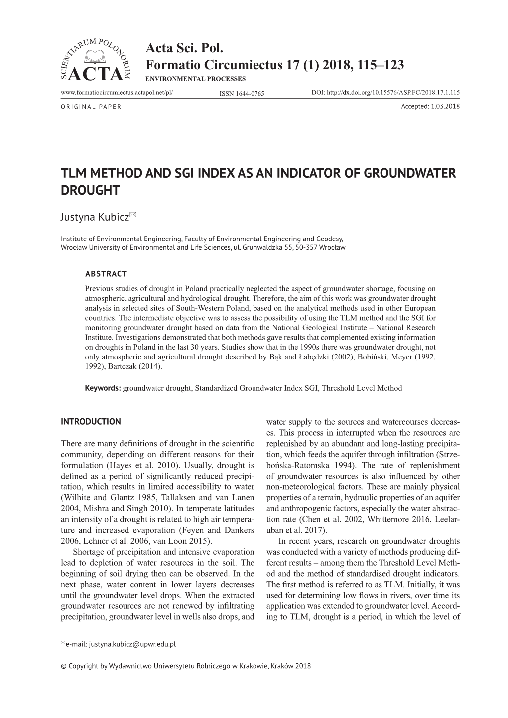 2018, 115–123 Tlm Method and Sgi Index As an Indicator Of