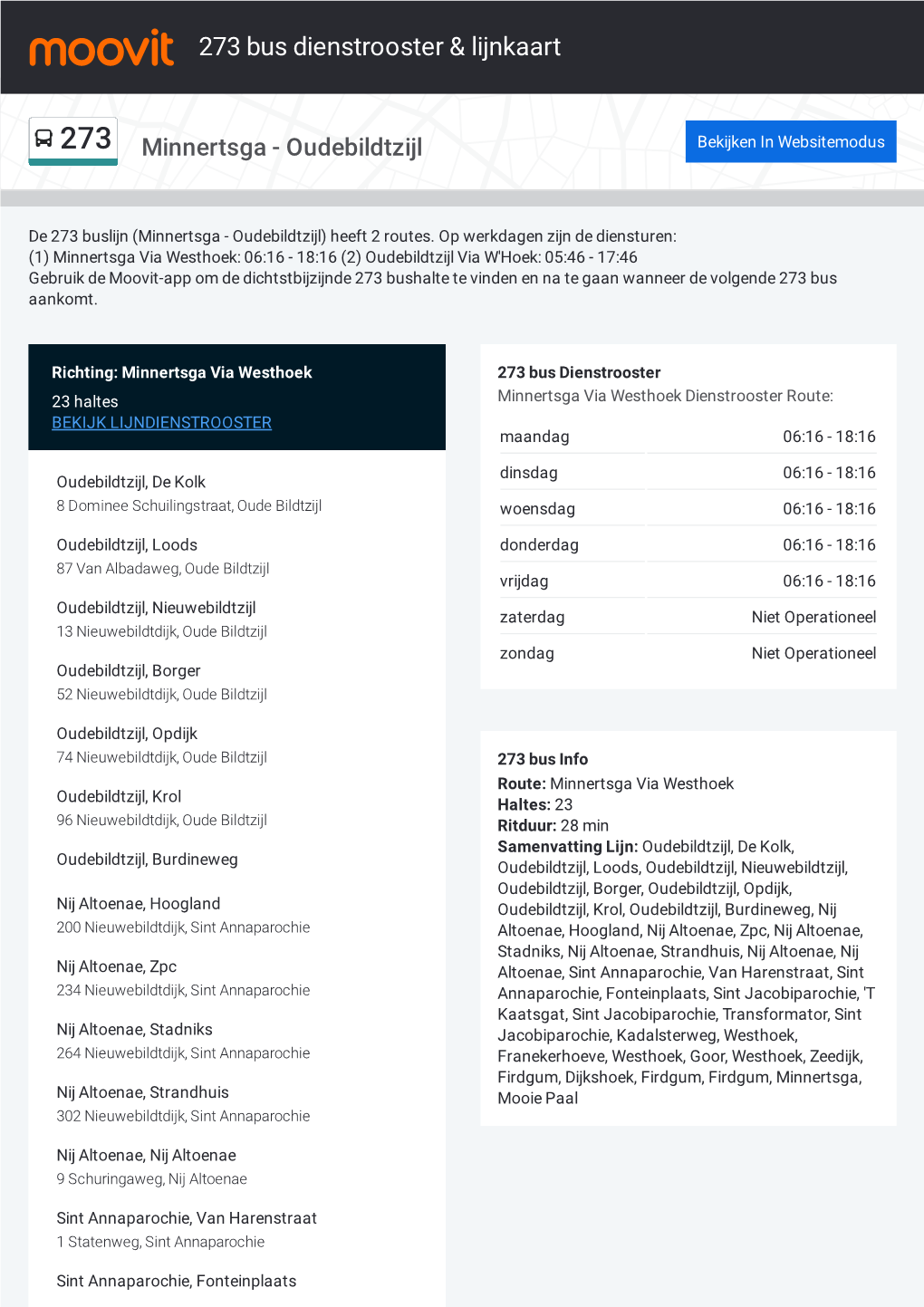 273 Bus Dienstrooster & Lijnroutekaart