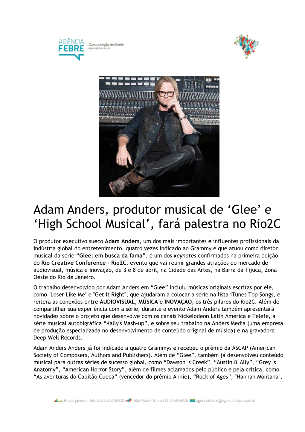 Adam Anders, Produtor Musical De ‘Glee’ E ‘High School Musical’, Fará Palestra No Rio2c
