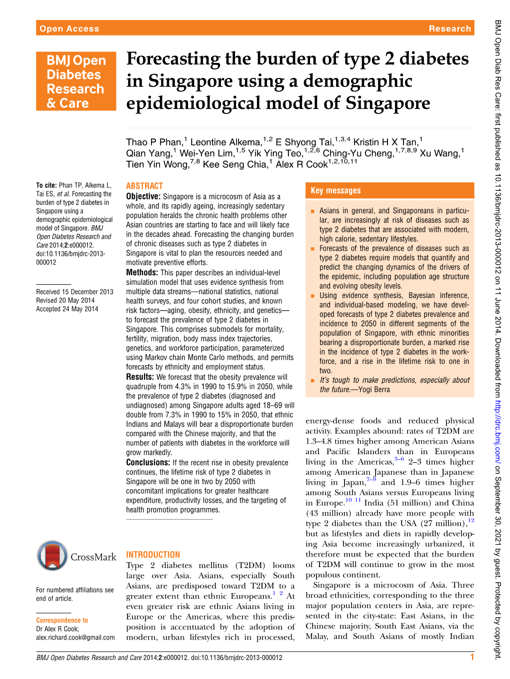 Forecasting the Burden of Type 2 Diabetes in Singapore Using a Demographic Epidemiological Model of Singapore
