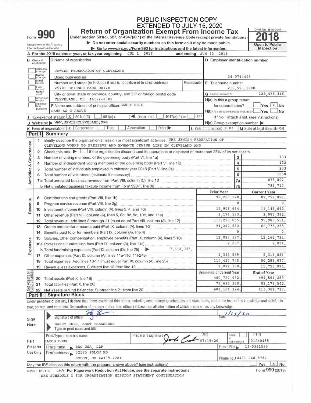 ^ // R/ 2-P Sign Here BARRY REIS, ASST TREASURER Fypeor Print Name and Irtle P1IN Print/Rype Preparer's Name Preparer's Signature Check I( Paid JACOB COOK D7/15/20 R