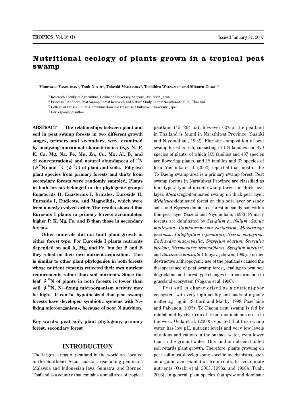 Nutritional Ecology of Plants Grown in a Tropical Peat Swamp