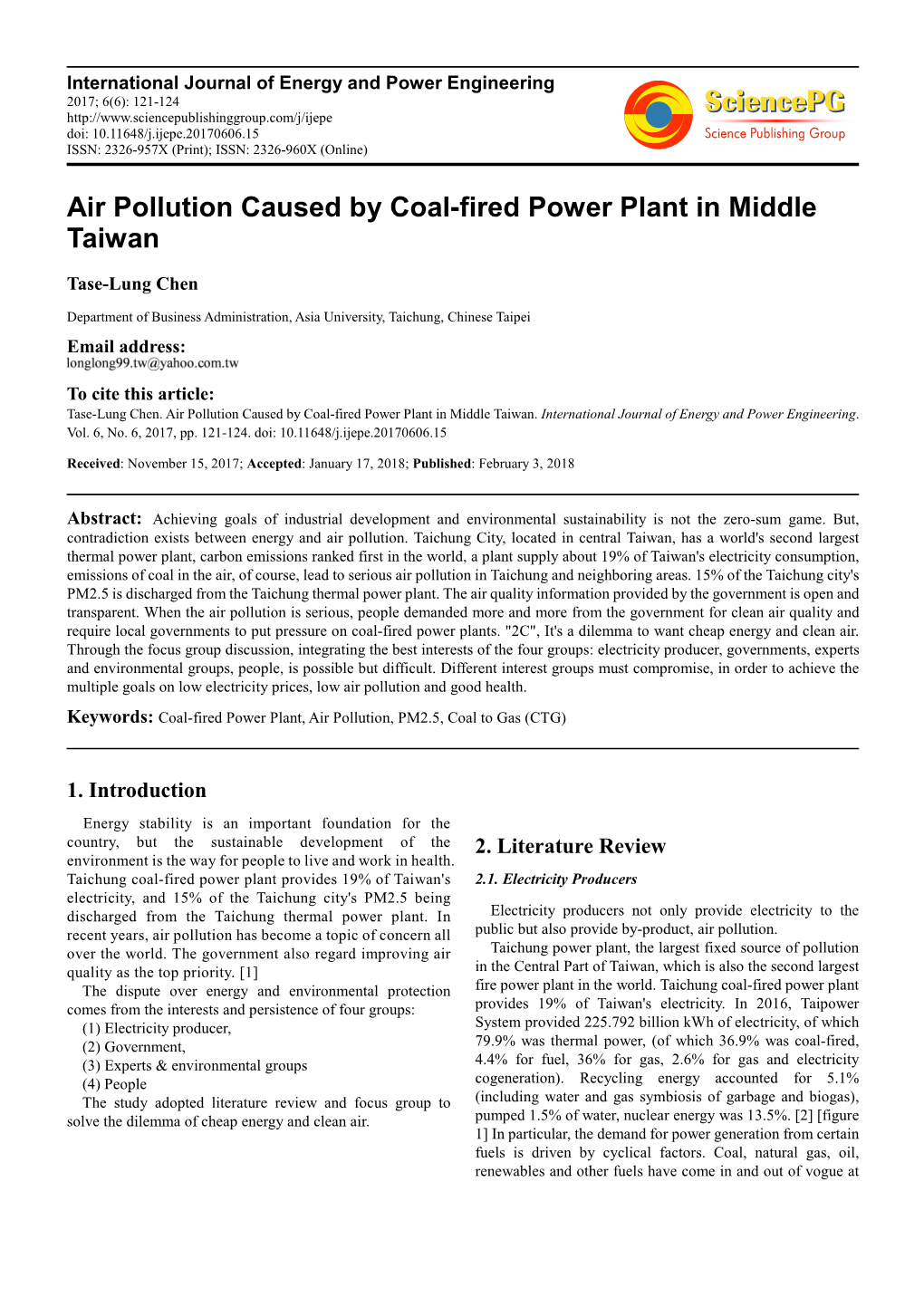 Air Pollution Caused by Coal-Fired Power Plant in Middle Taiwan