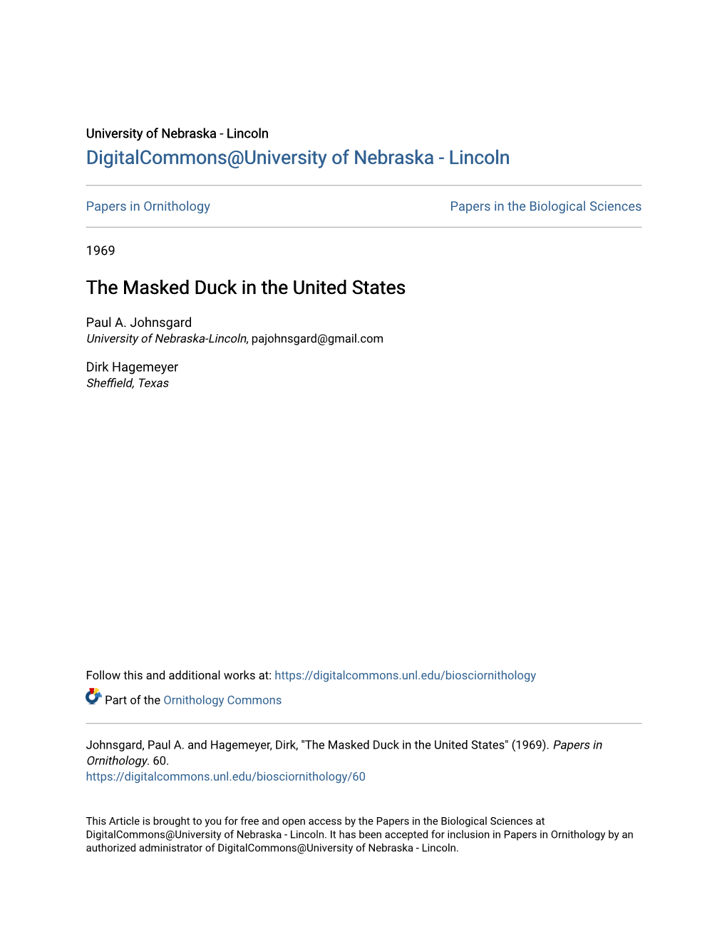 The Masked Duck in the United States