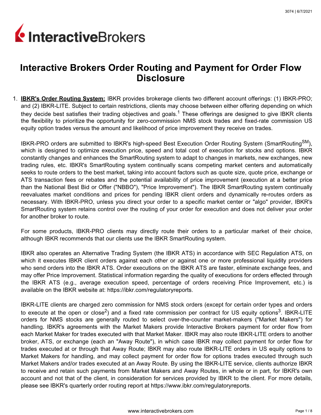 Interactive Brokers Order Routing and Payment for Order Flow Disclosure