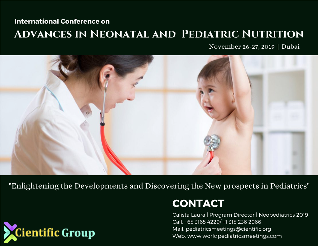 Advances in Neonatal and Pediatric Nutrition November 26-27, 2019 | Dubai