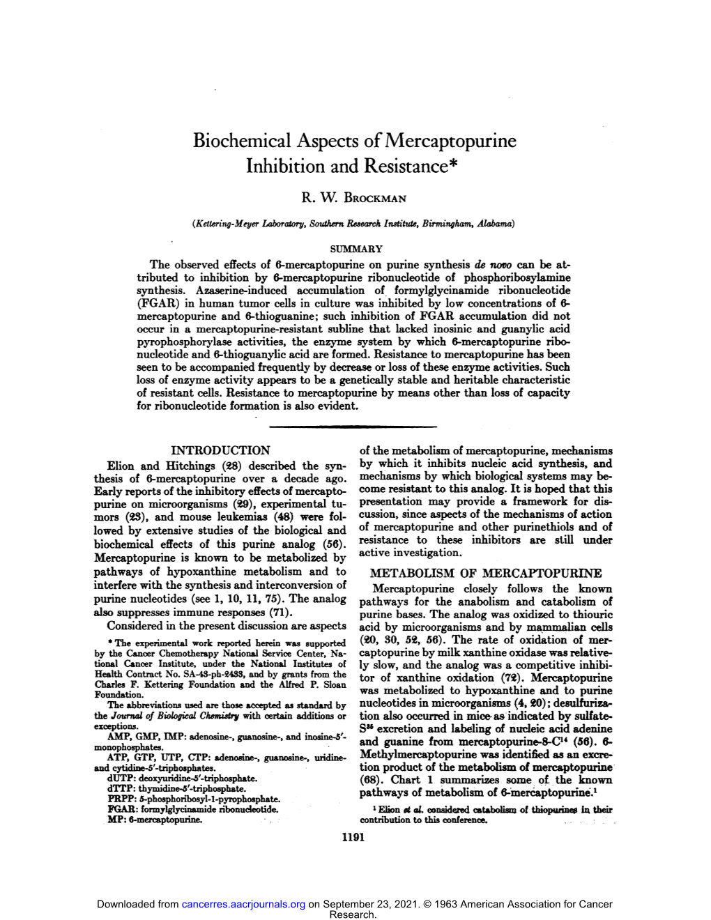 Biochemical Aspects Ofmercaptopurine Inhibition and Resistance*