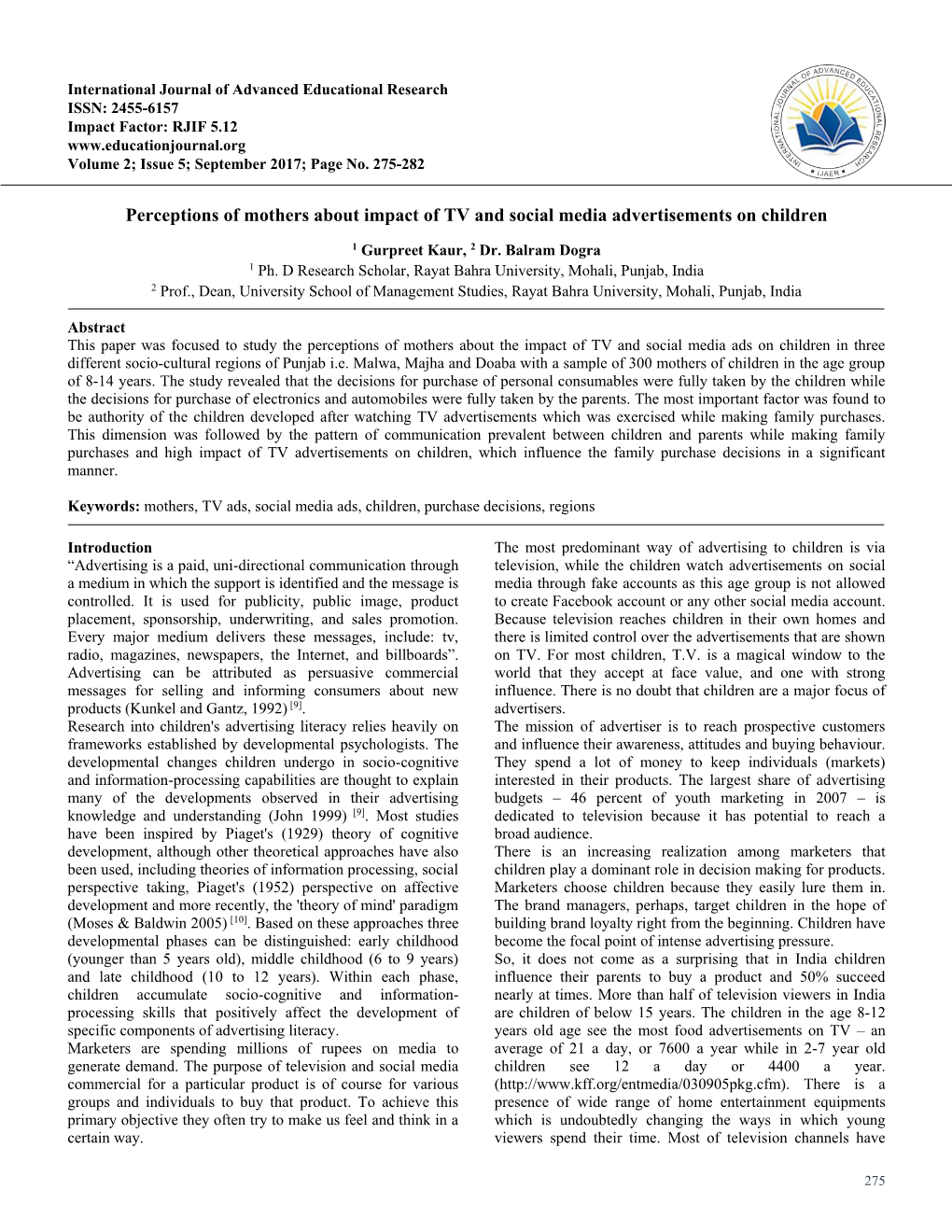 Perceptions of Mothers About Impact of TV and Social Media Advertisements on Children