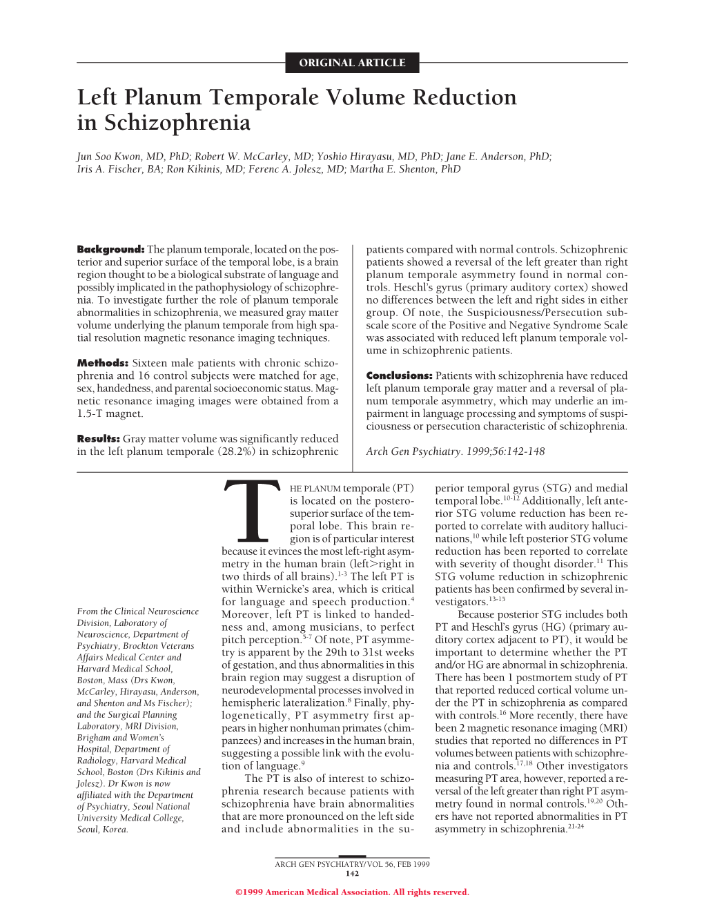 Left Planum Temporale Volume Reduction in Schizophrenia