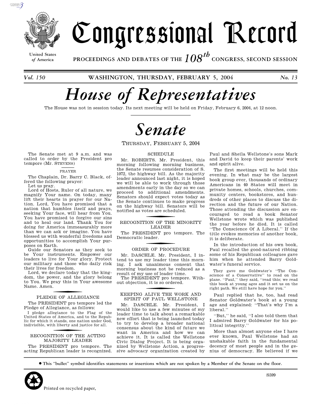 Congressional Record United States Th of America PROCEEDINGS and DEBATES of the 108 CONGRESS, SECOND SESSION