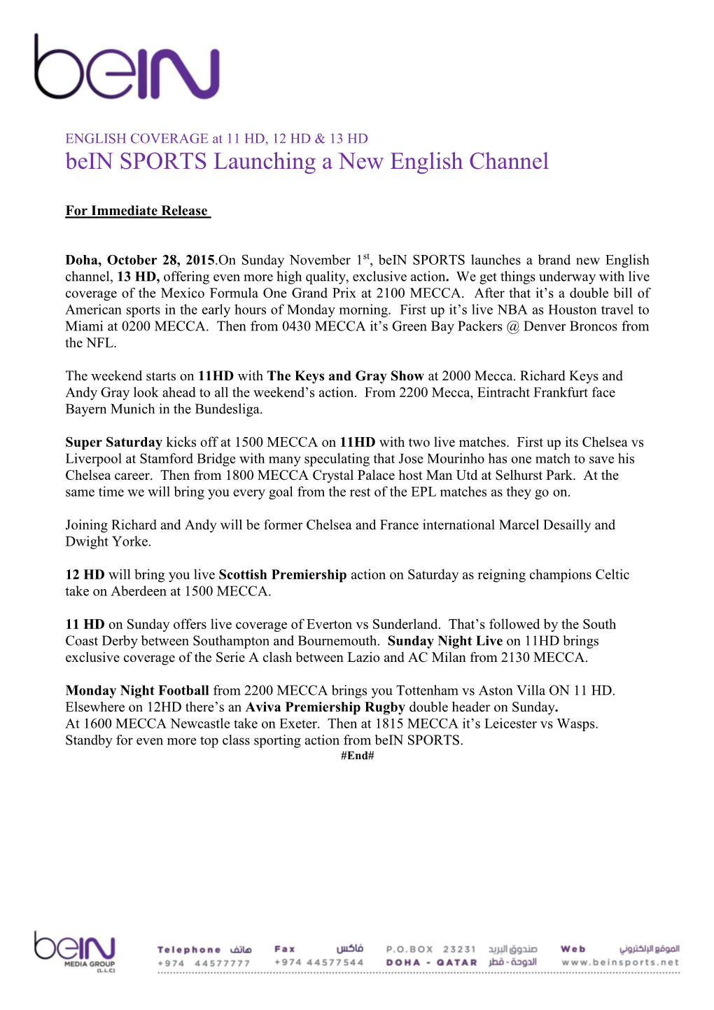 Bein SPORTS Launching a New English Channel 1