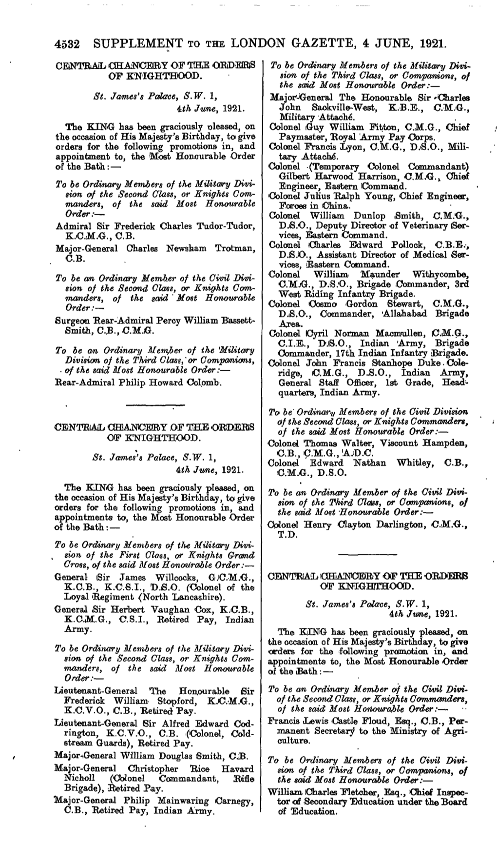 4532 Supplement to the London Gazette, 4 June, 1921