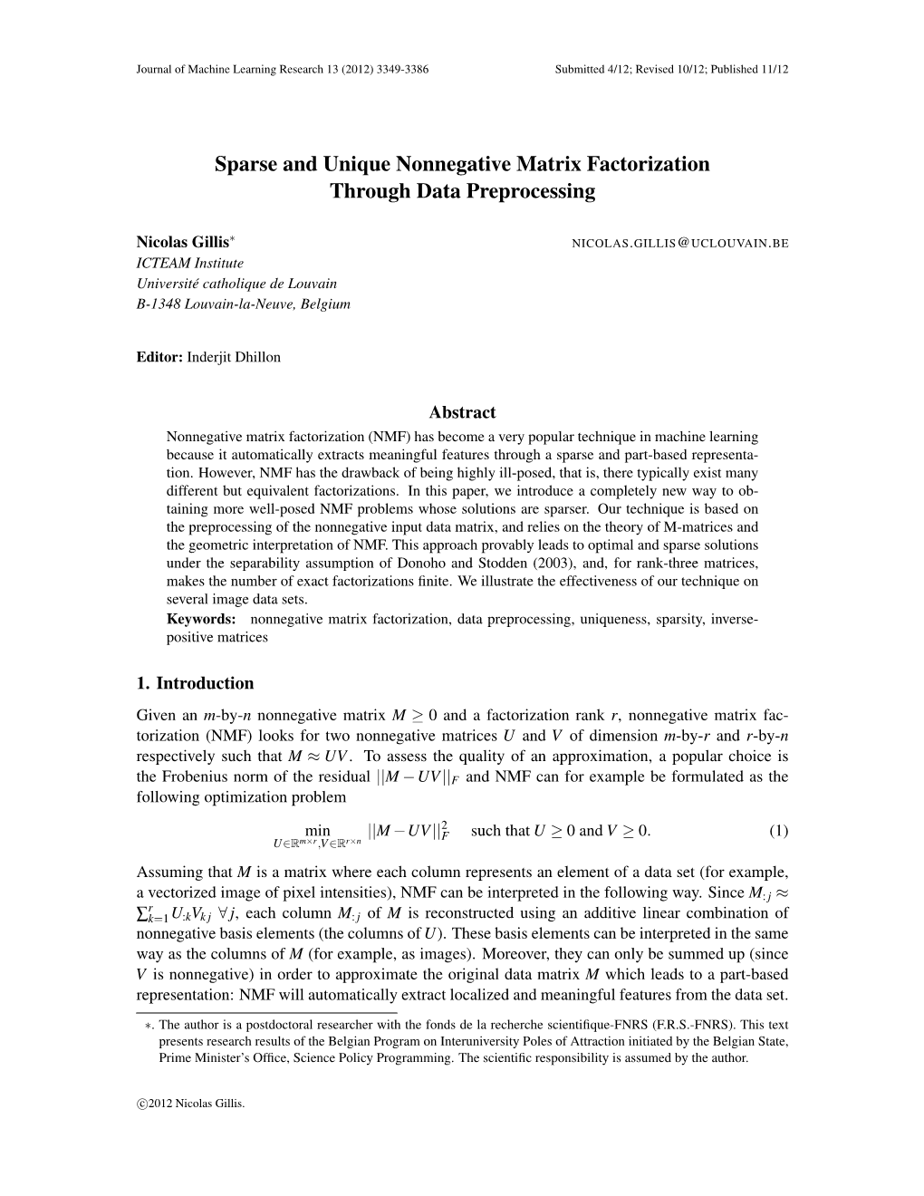 Sparse and Unique Nonnegative Matrix Factorization Through Data Preprocessing
