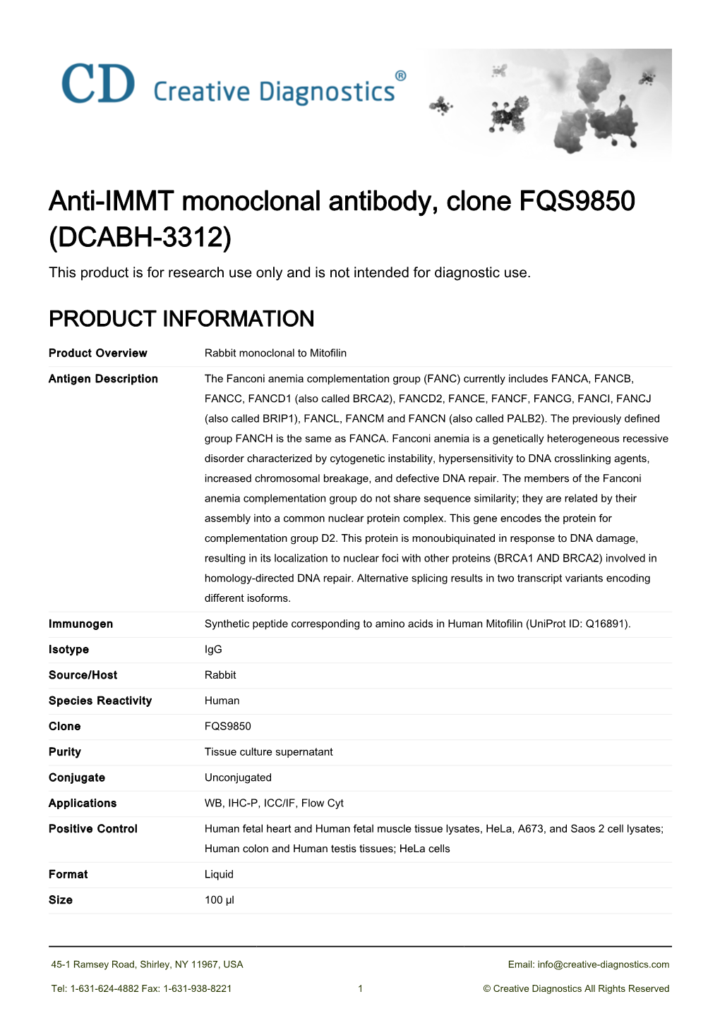 Anti-IMMT Monoclonal Antibody, Clone FQS9850 (DCABH-3312) This Product Is for Research Use Only and Is Not Intended for Diagnostic Use