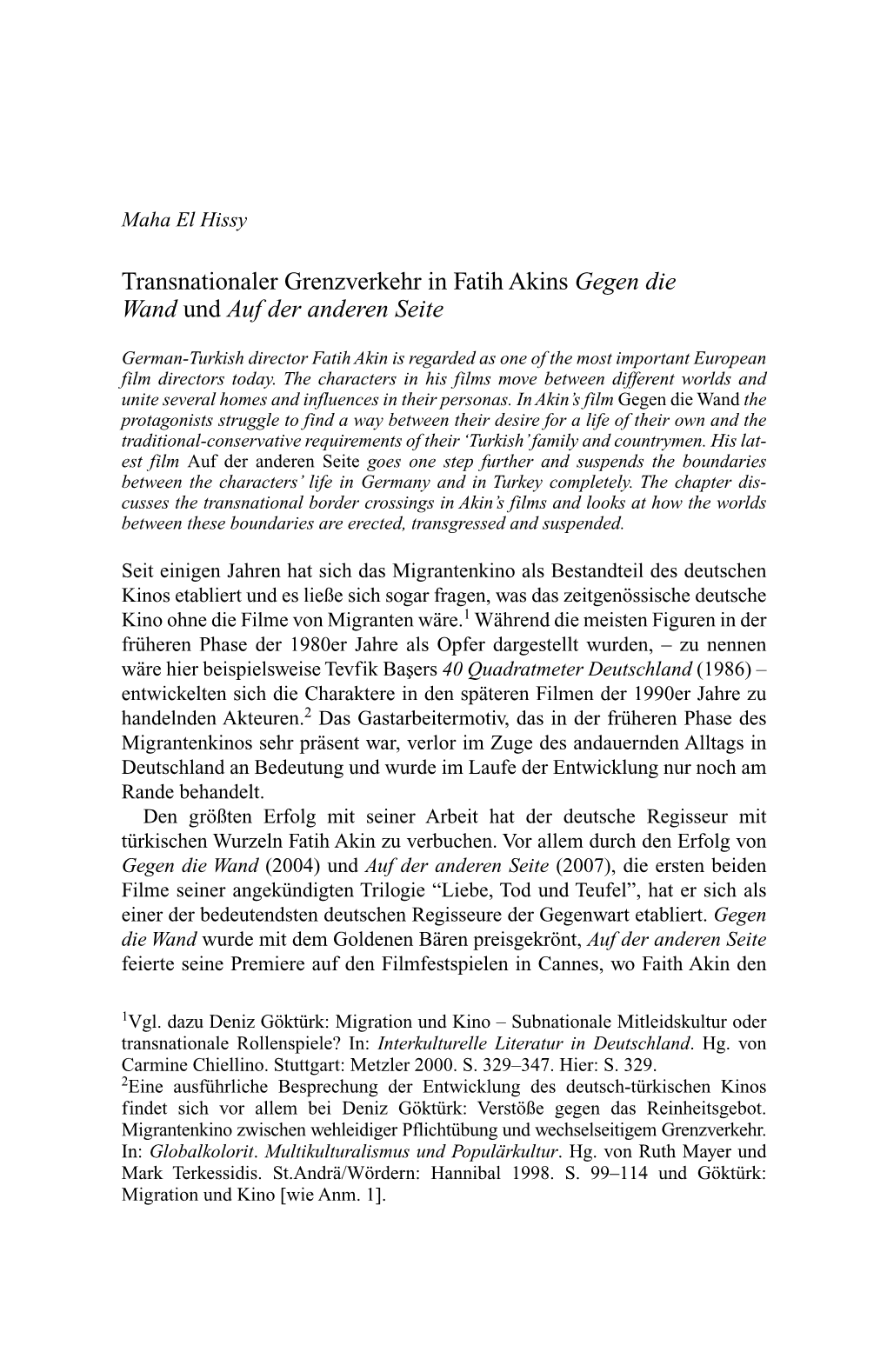 Transnationaler Grenzverkehr in Fatih Akins Gegen Die Wand Und Auf Der Anderen Seite