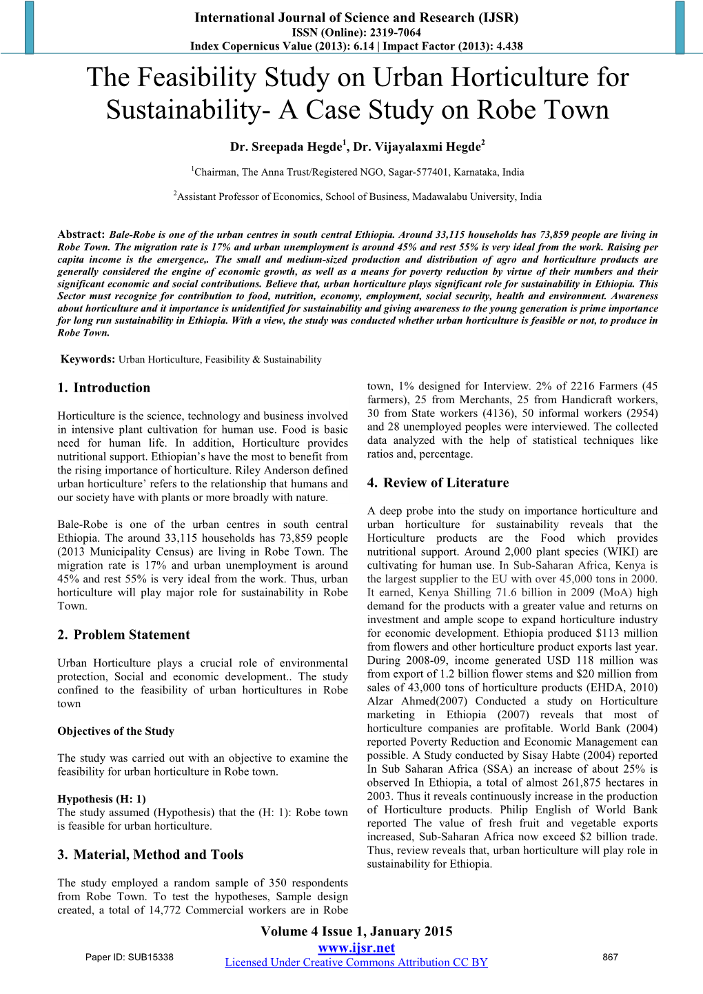 The Feasibility Study on Urban Horticulture for Sustainability- a Case Study on Robe Town