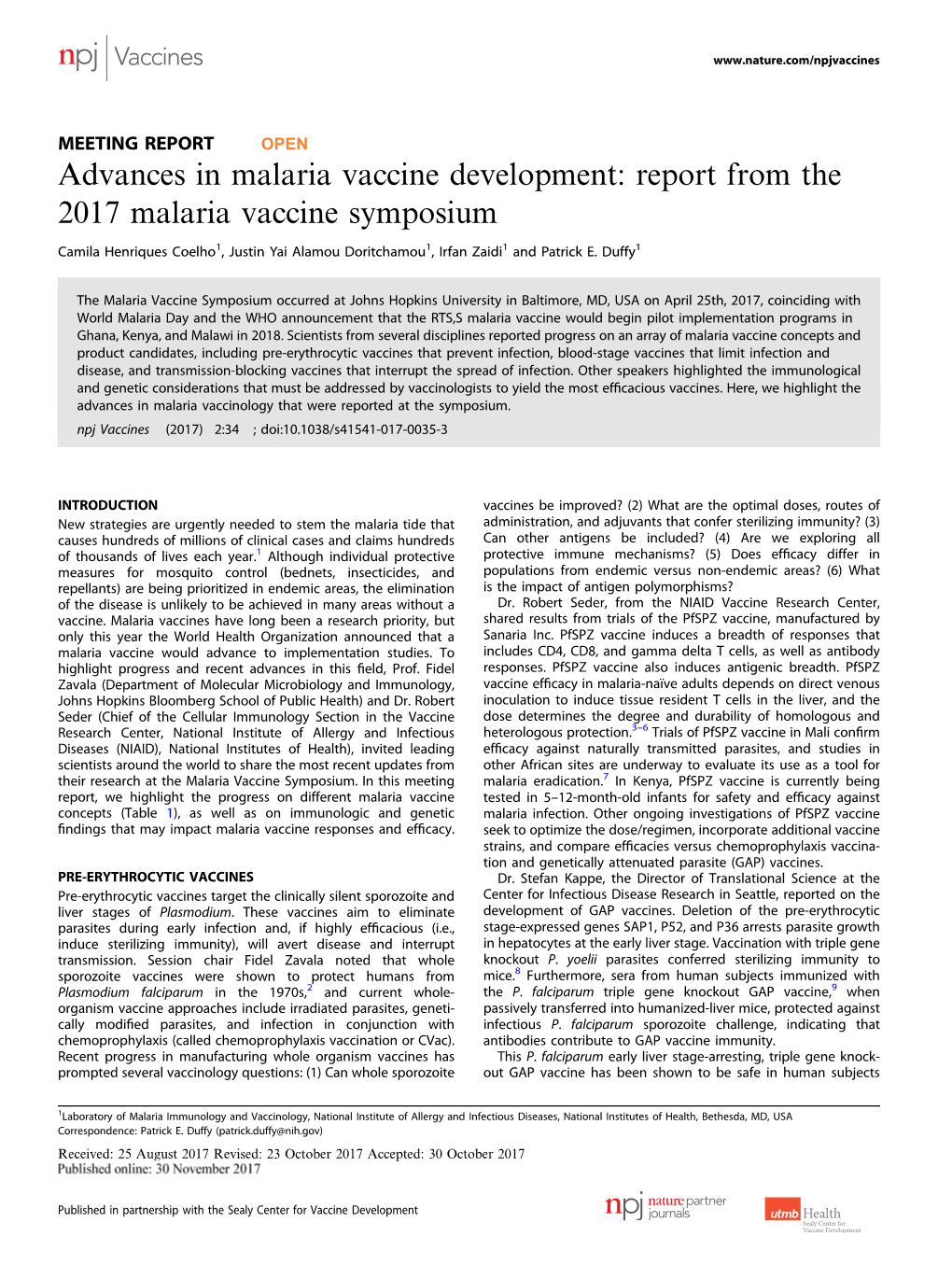 Report from the 2017 Malaria Vaccine Symposium