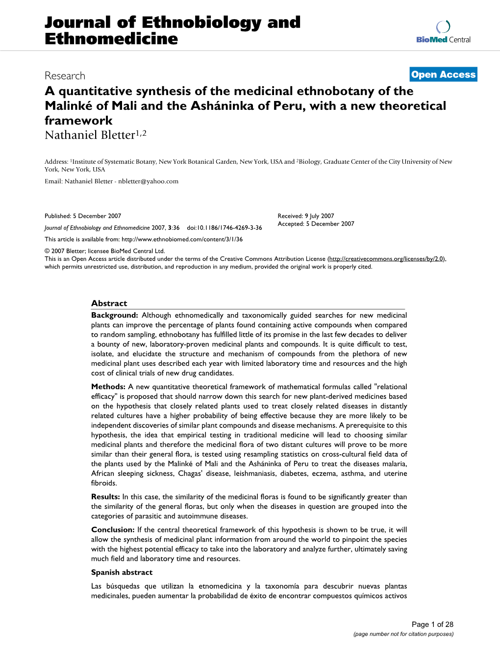 A Quantitative Synthesis of the Medicinal Ethnobotany of the Malinké of Mali and the Asháninka of Peru, with a New Theoretical Framework Nathaniel Bletter1,2