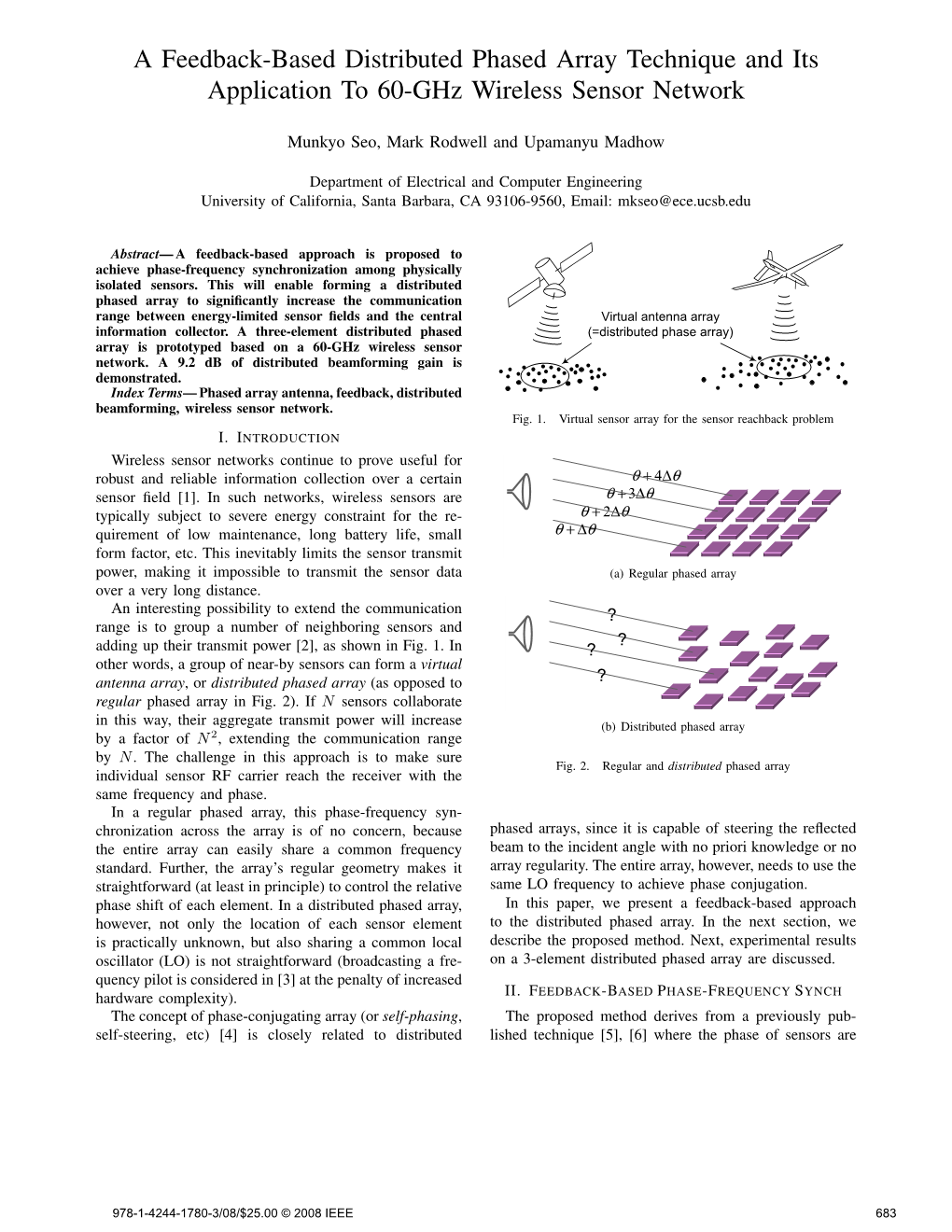 A Feedback-Based Distributed Phased Array Technique and Its Application to 60-Ghz Wireless Sensor Network