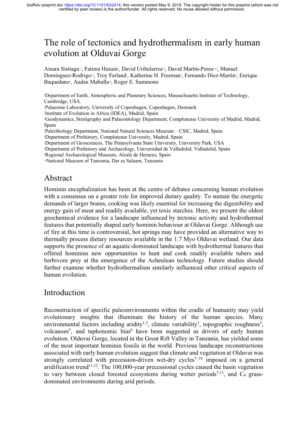 The Role of Tectonics and Hydrothermalism in Early Human Evolution at Olduvai Gorge