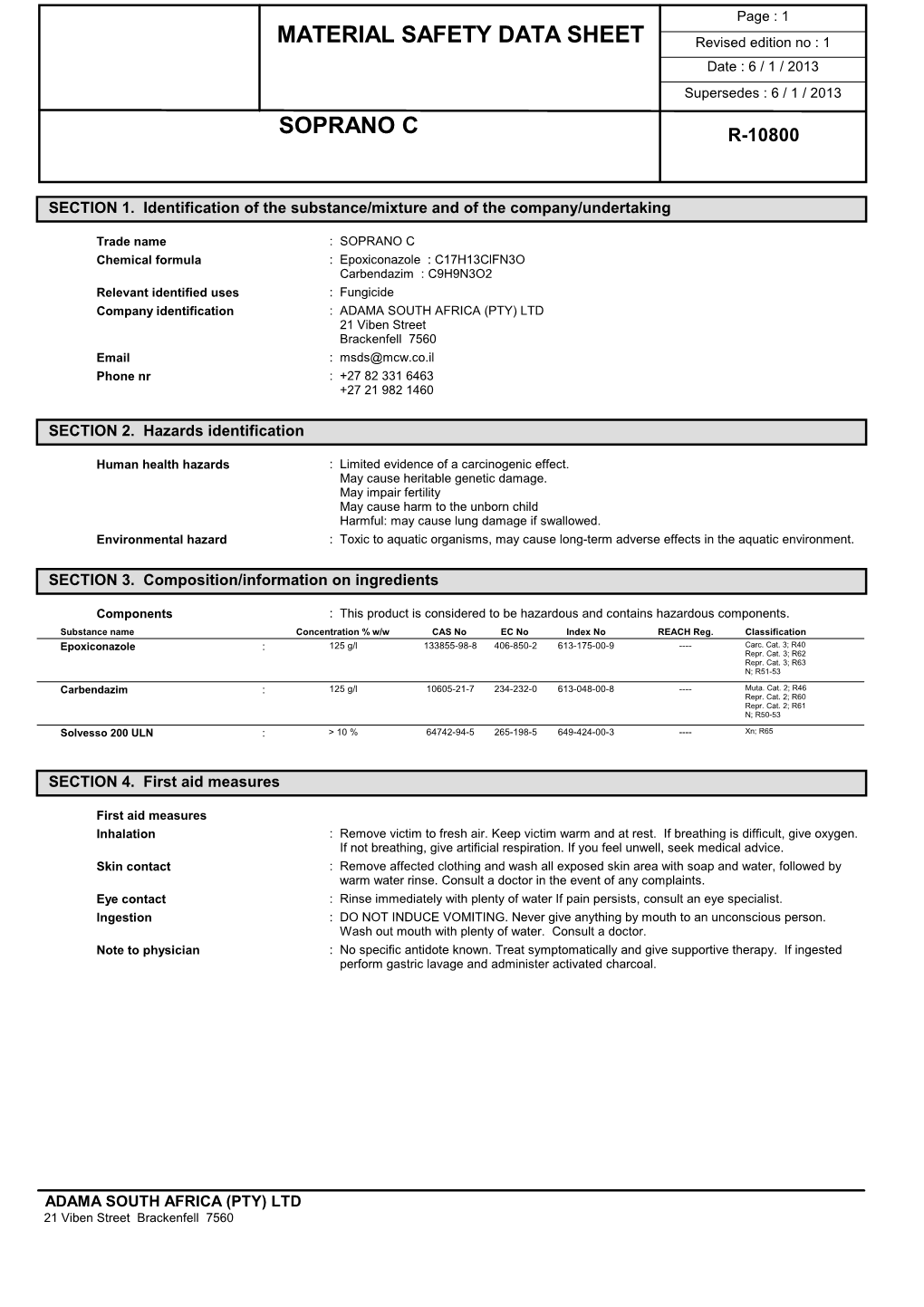 Soprano® C MSDS