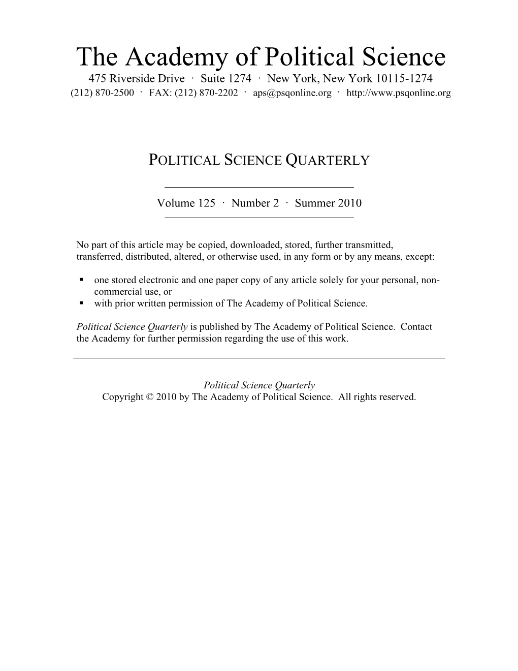 The Academy of Political Science 475 Riverside Drive · Suite 1274 · New York, New York 10115-1274