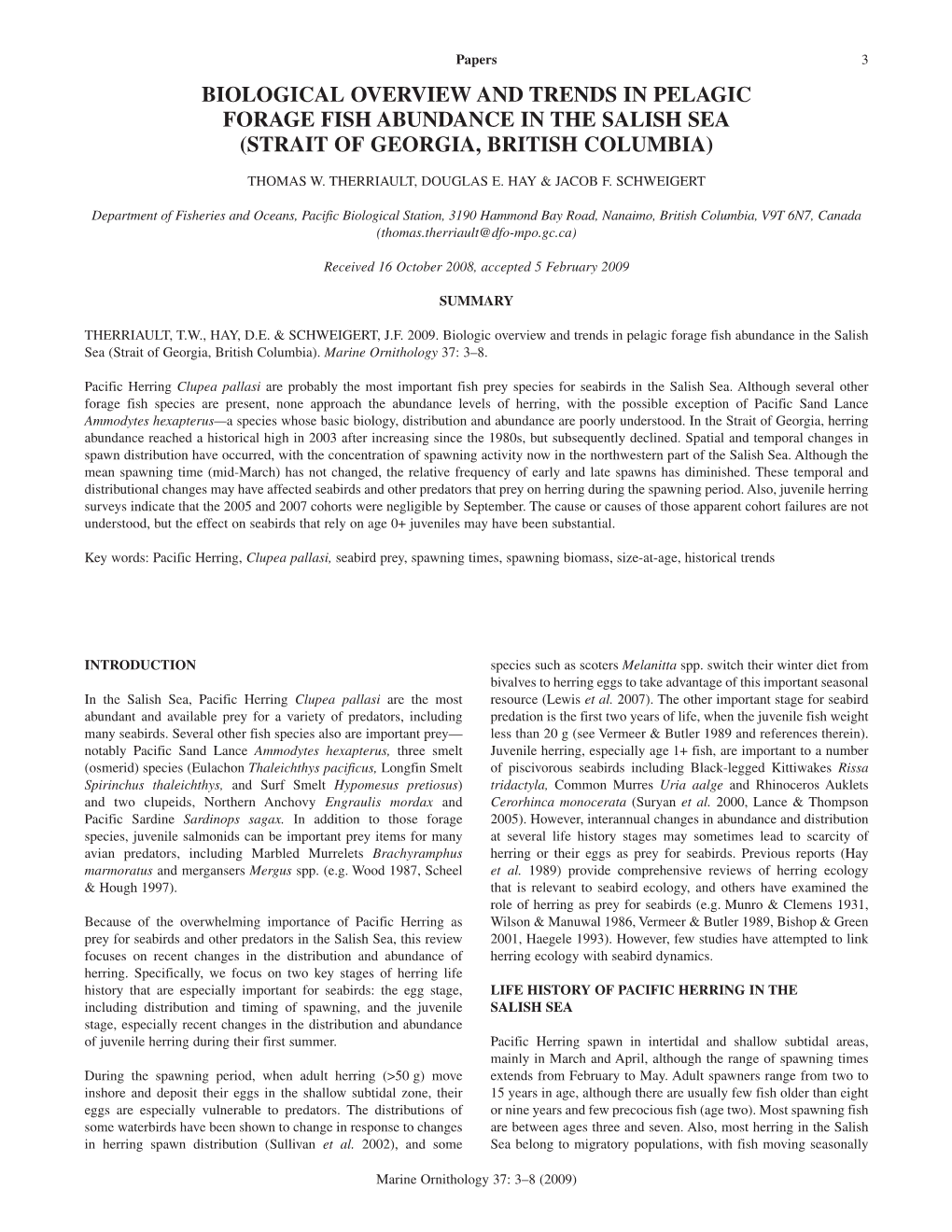 Biological Overview and Trends in Pelagic Forage Fish Abundance in the Salish Sea (Strait of Georgia, British Columbia)