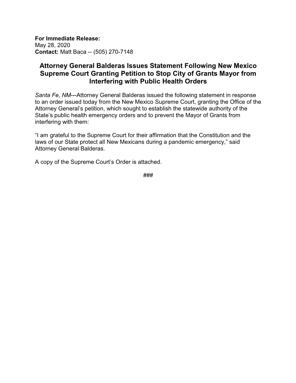 Attorney General Balderas Issues Statement Following New Mexico