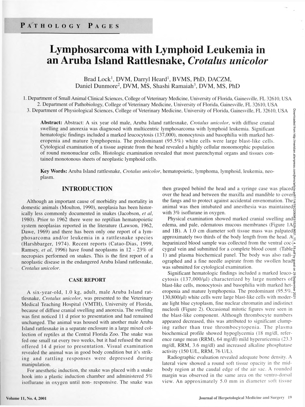 Lymphosarcoma with Lymphoid Leukemia in an Aruba Island Rattlesnake, Crotalus Unicolor