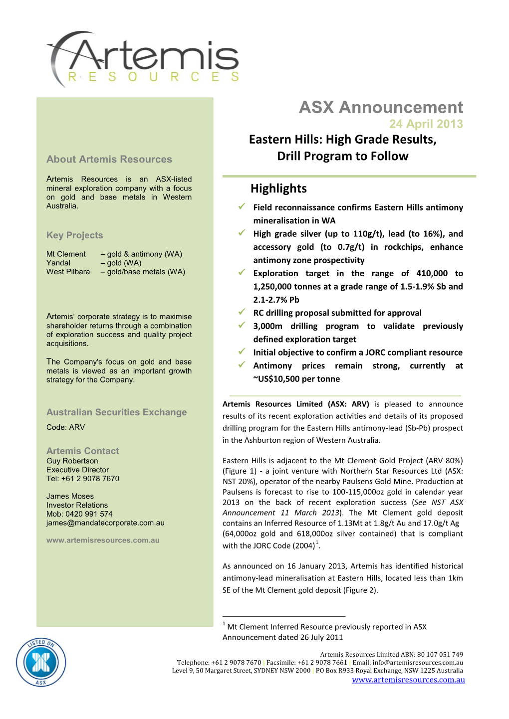 ASX Announcement 24 April 2013 Eastern Hills: High Grade Results