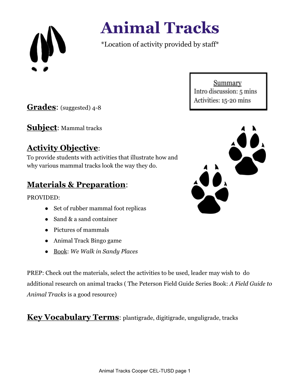 Animal Tracks *Location of Activity Provided by Staff*