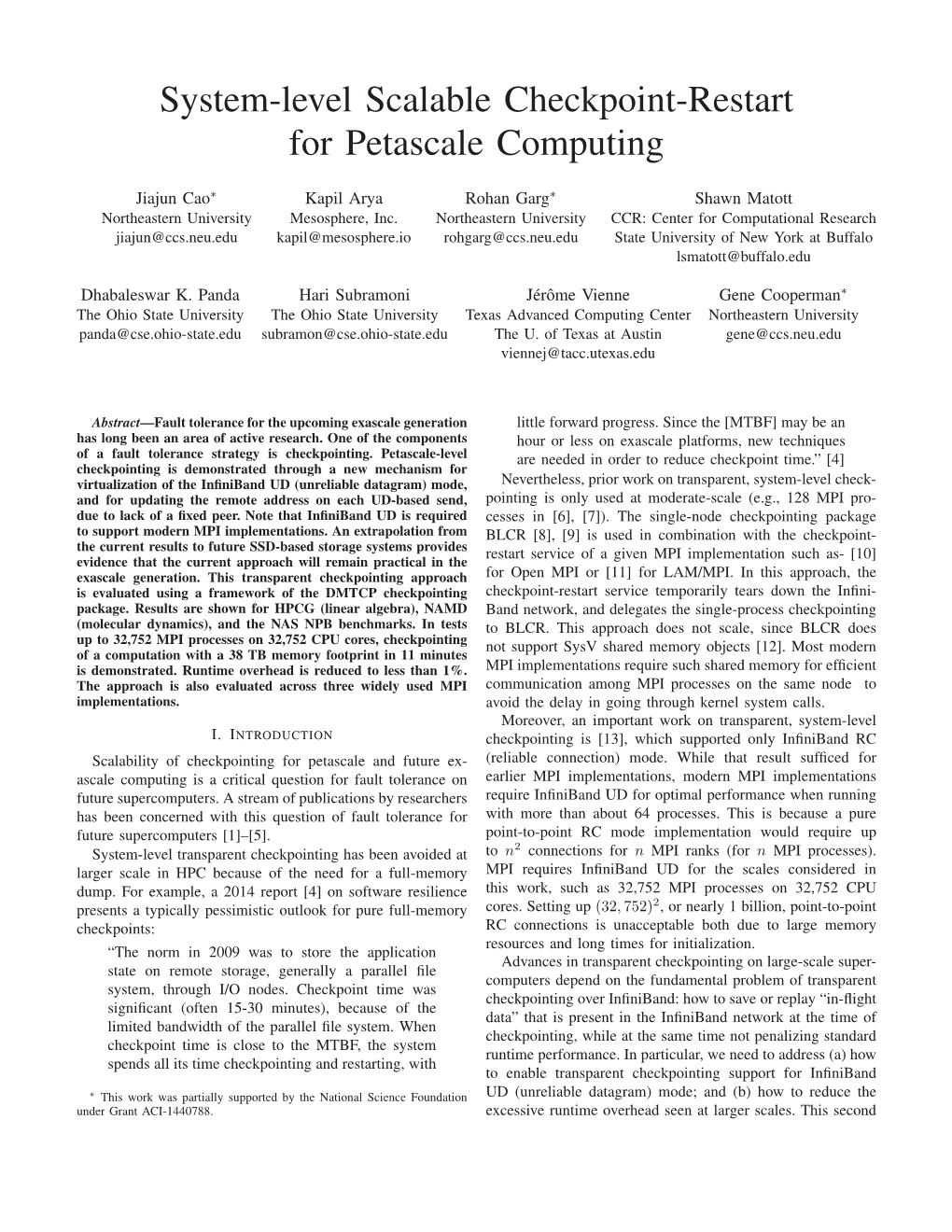 System-Level Scalable Checkpoint-Restart for Petascale Computing