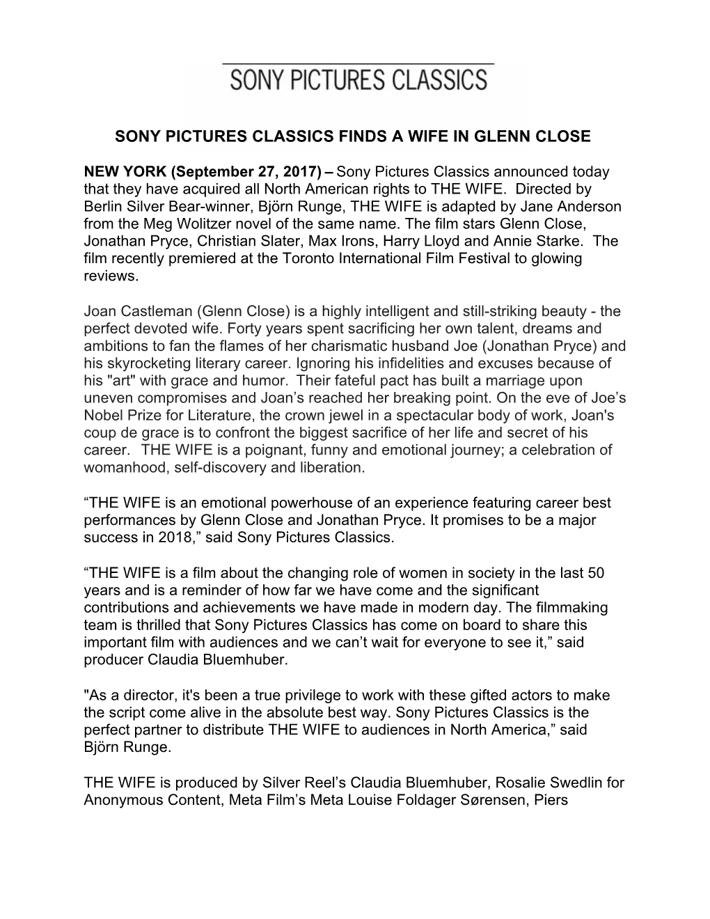 Sony Pictures Classics Finds a Wife in Glenn Close