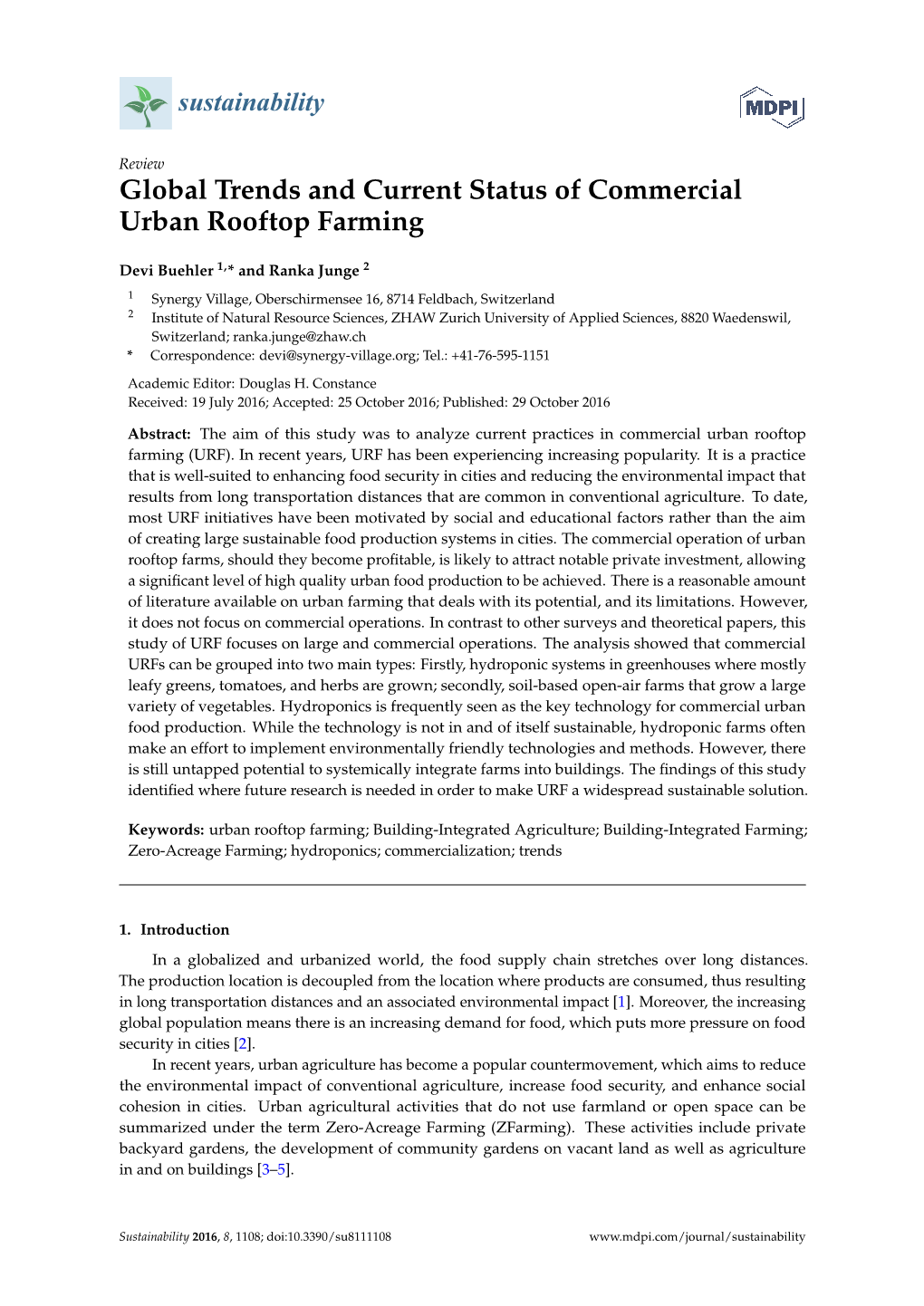 Global Trends and Current Status of Commercial Urban Rooftop Farming