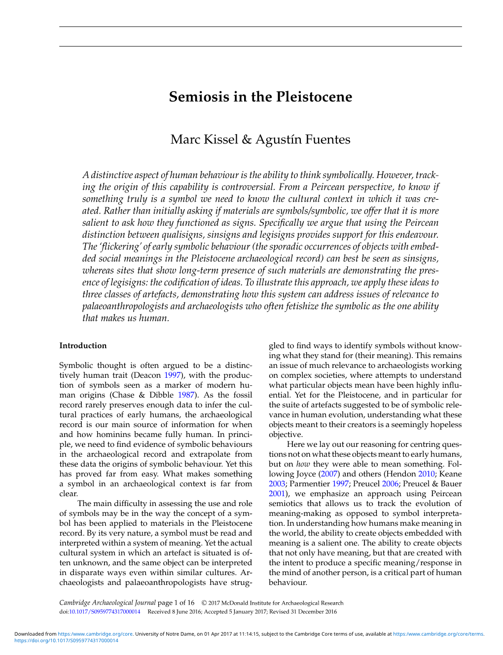 Semiosis in the Pleistocene