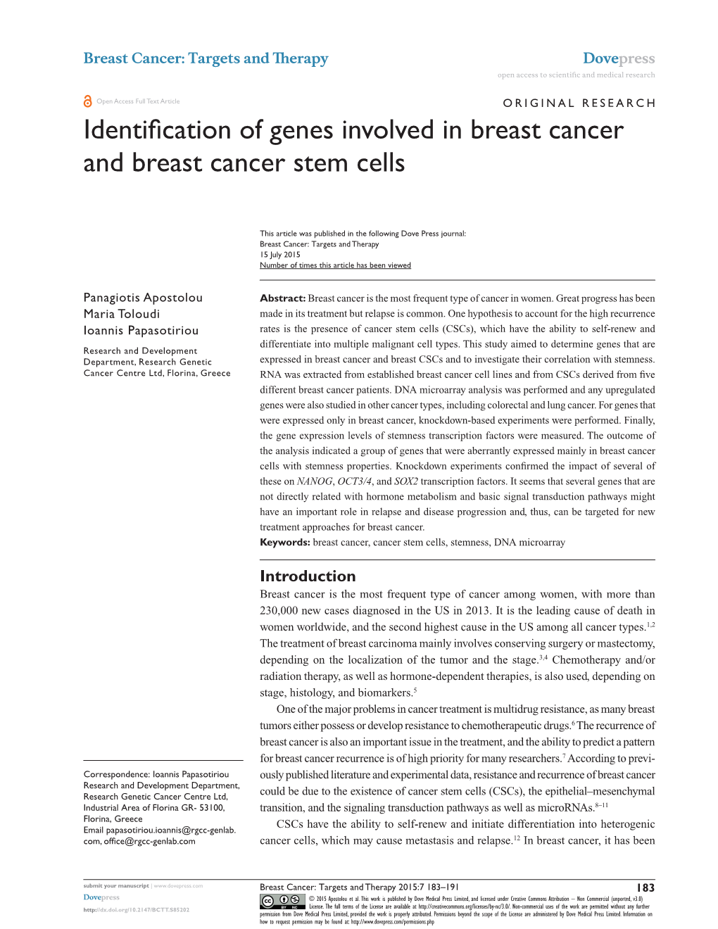 Identification of Genes Involved in Breast Cancer and Breast Cancer Stem Cells