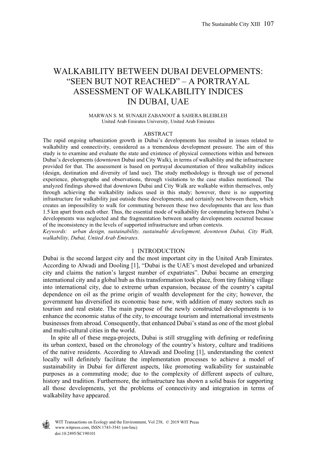 Walkability Between Dubai Developments: “Seen but Not Reached” – a Portrayal Assessment of Walkability Indices in Dubai, Uae