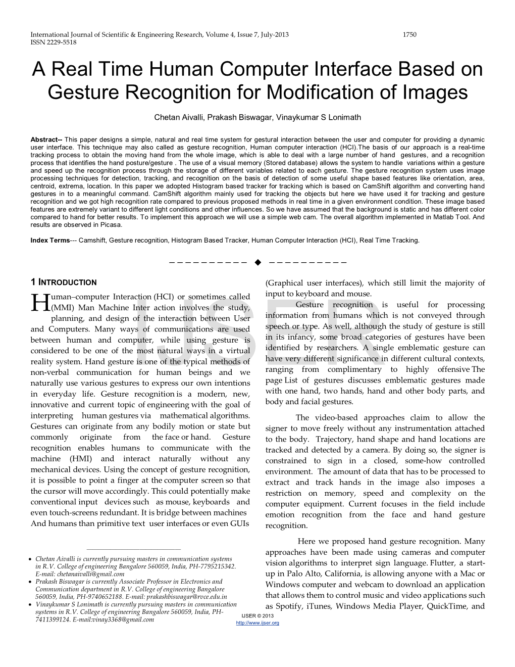 A Real Time Human Computer Interface Based on Gesture Recognition for Modification of Images