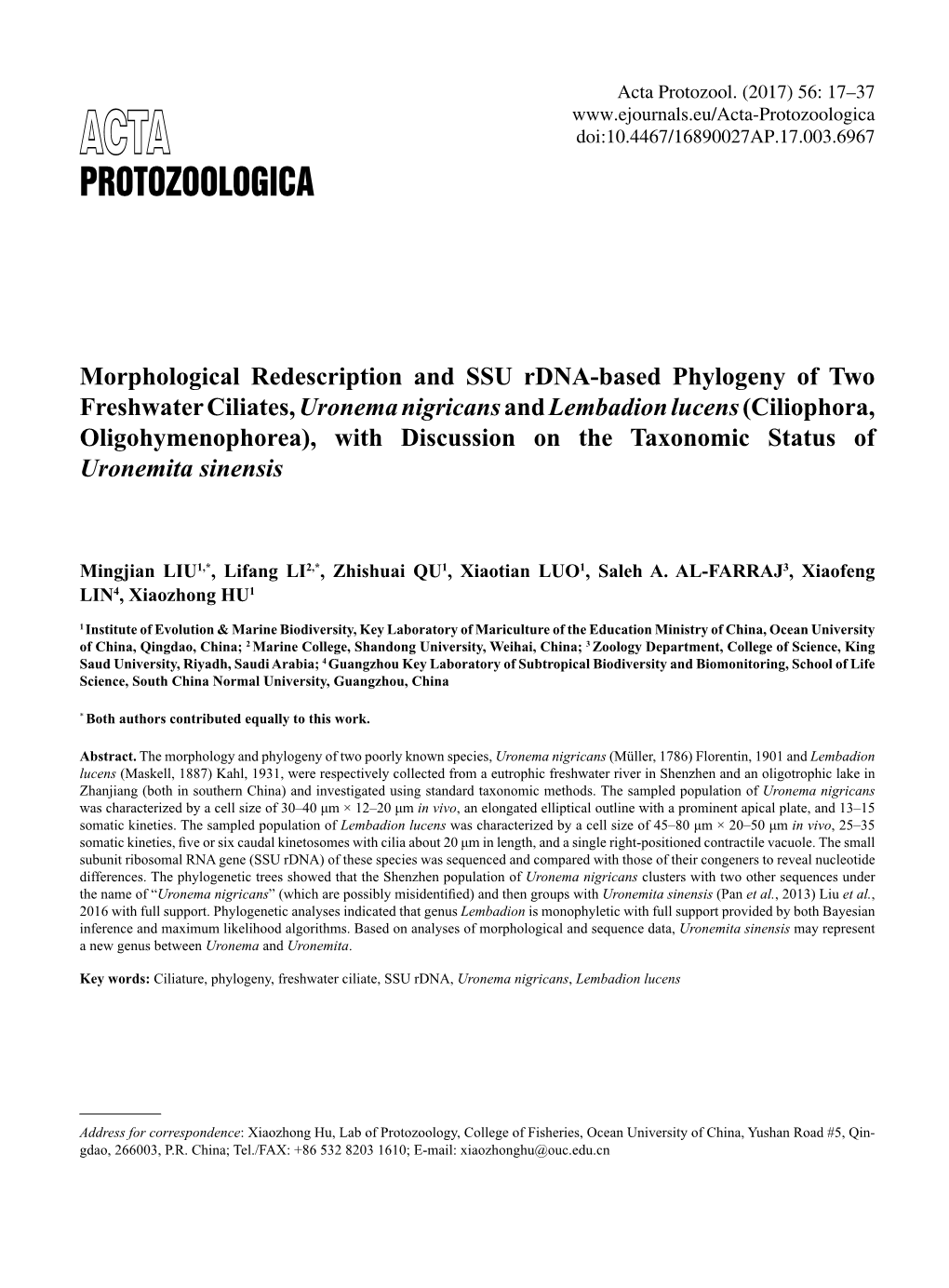 Morphological Redescription and SSU Rdna-Based Phylogeny of Two